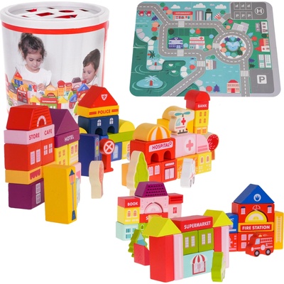 JOKO Sada Kocky Mesto 115ks + Penová Puzzle Podložka s Cestami + Vkladačka