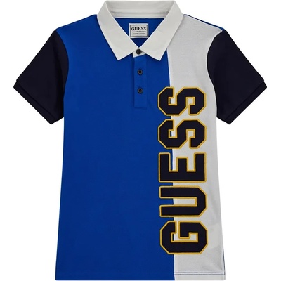 GUESS Тениска с къс ръкав и яка за момче в синьо и бяло с голям надпис Guess