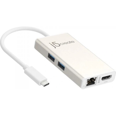 Мултипортов USB-C адаптер j5Create JCA374 -HDMI-RJ-45- USB 3.0 хъб -PD 2.0, бял