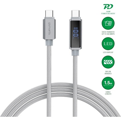 4smarts Здрав кабел с въжена оплетка за бързо зареждане, за устройства с USB-C порт - 4smarts DigitCord USB-C to USB-C 100W Cable (сив) (150 см) (541439)