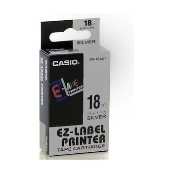 Casio XR-18SR1, 18mm x 8m, черен печат/сребърен фон, оригинален лента (XR-18SR1)