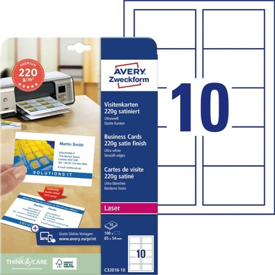 AVERY 85x54 mm, 220g, 10 listů, saténové, jasně bílé C32016-10