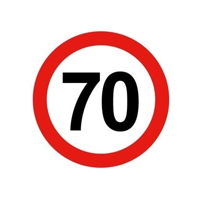 Nejvyšší omezená/konstrukční rychlost vozidla 70 km, bezpečnostní tabulka, samolepka - kruh 20 cm