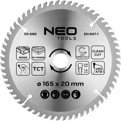 Kotouč pro pilu, ponornou pilu, vidiový, 165 x 1,5 x 2,6 x 20 mm, 60 zubů