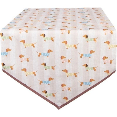Clayre & Eef Béžový bavlnený behúň s jazvečíkmi Puppy Pullover 50x160 cm
