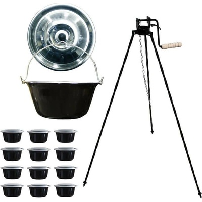 Green home kotlík na guláš smalt 13 l, Green home speciální trojnožka s pojistný kladkou VAR 1,25 m na kotlík, Green home nerezová poklice INOX, plastové boxy (misky) 12 ks – Hledejceny.cz