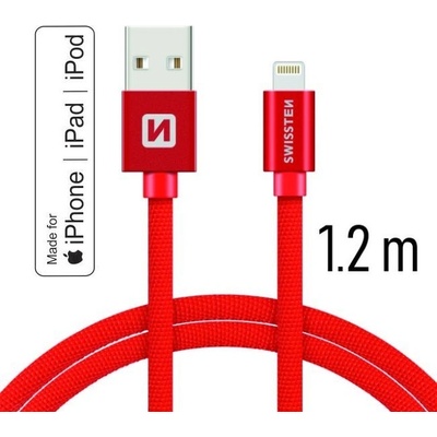 Swissten 71524206 textilný s certifikáciou MFI, Lightning konektorom a podporou rýchlonabíjania, červený