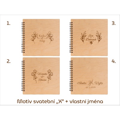 GEDEON Fotoalbum na fotorůžky 24x24 cm 40 stran Plywood GRAVÍR Rozměr: Rozměr do 100 cm2, Motiv gravíru: Motiv svatební "X" + vlastní jména
