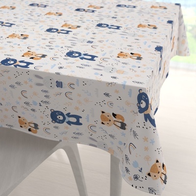Biante Dětský bavlněný čtvercový ubrus Sandra SA-595 Modro-béžová lesní zvířátka na bílém 100x100 cm