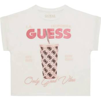 GUESS Тениска в бяло "Only Good Vibes" за момиче с бродиран надпис и много детайли Guess