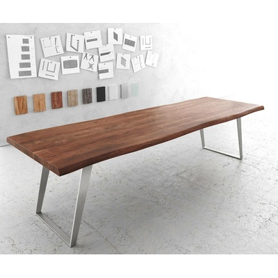 DELIFE Jídelní stůl Edge 300x100cm XL akácie hnědá nerezová ocel stříbrná šikmá