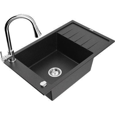 Mexen Elias гранитна мивка с 1 отделение с отцедник и кухненски смесител Elia, черен/сребърен металик - 6511-73-670101-00 (6511-73-670101-00)