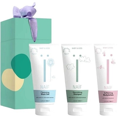 Naif Baby & Kids čisticí a mycí gel pro děti a miminka 100 ml + výživný šampon pro dětskou pokožku hlavy 100 ml + zjemňující tělové mléko pro děti 75 ml