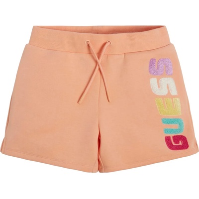 Guess Трикотажни къси панталонки за момиче с многоцветен надпис Guess в прасковено