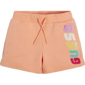 Guess Трикотажни къси панталонки за момиче с многоцветен надпис Guess в прасковено