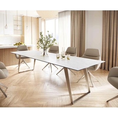 DELIFE Jídelní stůl Edge 300x100 cm keramika Laminam® Statuarettio bílá šikmá podnož nerezová ocel