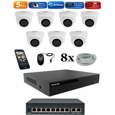 Amiko IP 7 kamerový set so switchom Manual Zoom Dome 1505K7V2