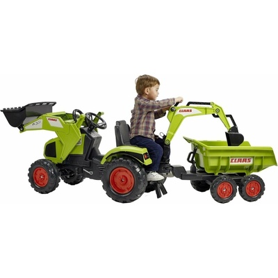 Falk šlapací traktor 2070W Claas backhoe s přední a zadní lžící a přívěsem