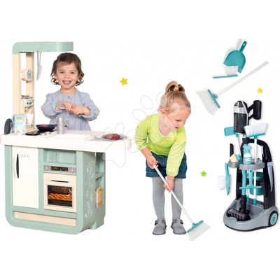 Smoby Set kuchyňka Cherry Kitchen se zvuky a kávovarem a úklidové pomůcky 3v1