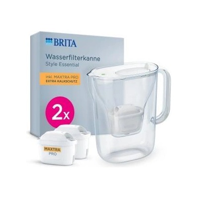 BRITA water filter jug Style Essential white (2.4l) incl. 2x BRITA MAXTRA PRO extra limescale protection - refrigerator-suitable filter jug with Smart Light LED & folding lid, filters impurities & more - 142384