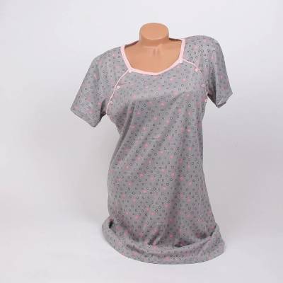 Нощница за кърмачки в сиво на сърчица и кръгчета с кант в цвят пудра
