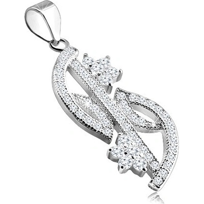 Šperky Eshop Stříbrný přívěsek 925 zirkonová linie v podobě listů dva blýskavé kvítky G20.06