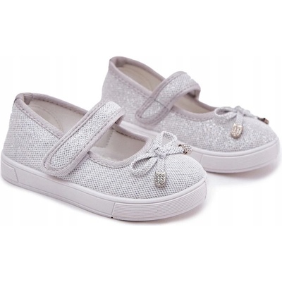 Dětské balerínky s mašličkou lesklé na suchý zip stříbrné