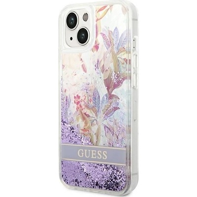 Pouzdro Guess iPhone 14 Plus Flower Liquid Glitter fialové