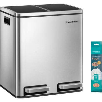 SONGMICS kitchen trash can, 2 x 15 liters, waste separation system 2 compartments, including 15 trash bags, trash can, pedal bin, recyclable waste, organic waste, soft close lid, metallic silver-ink black LTB30H