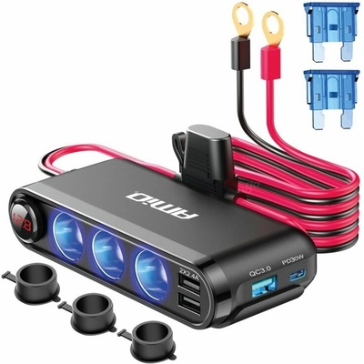 Amio Rozbočovač do auta 3x12/24V | 2x USB 4.8A | 1x USB QC3.0 | 1x USB-C PD30W + integrovaný voltmetr – Zbozi.Blesk.cz