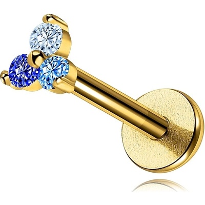 Šperky eshop Piercing do rtů a brady ze 14karátového žlutého zlata kulaté zirkony v modrých odstínech S5GG255.54