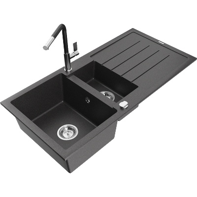Mexen Andres гранитна мивка 1, 5-камерна с отцедник и кухненски смесител Flora, черна на капки - 6515-76-670401-07 (6515-76-670401-07)