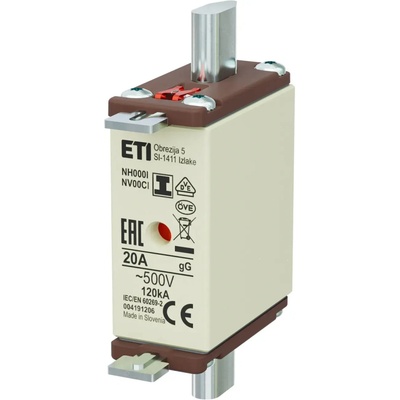 ETI Nožová poistka NV/NH 00C/I 20A gL/gG 500V KOMBI s izolovaným krytom