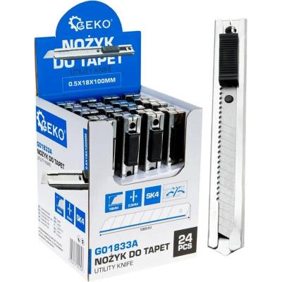 Nůž na tapety 100×18×0,5 mm SK4 s kovovým tělem GEKO — výstavní karton 24 ks