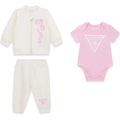 Guess Спортен бебешки комплект за момиче със суичър и панталон в мръсно бяло и розово боди Guess