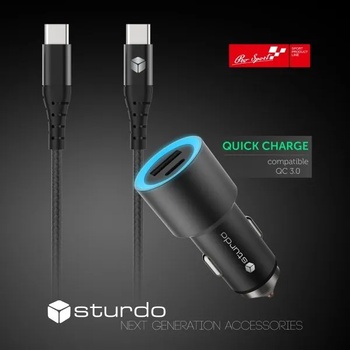 Sturdo Зарядно Car Charger Sturdo, USB Type C 2.4A + USB 2.1A, с кабел USB Type C, 1m, черен
