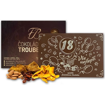 Čokoládovna Troubelice s reliéfem NAROZENINY + ČÍSLO se sušeným ovocem a mandlemi, bílá 40% 300 g