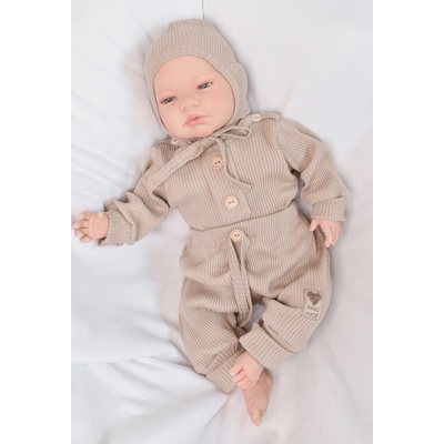 Baby Nellys 3-dielna rebrovaná súpr. Hand Made body tepláčiky a čiapočka, béžová