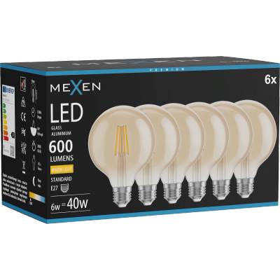 Mexen Vintis 6x LED филамент крушка E27, G95, 6W, Топла - 2700K, 600 lm, кехлибар (L157-E27-0627-50x06)