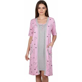 Комплект от нощница и халат в розово и сиво със сърца