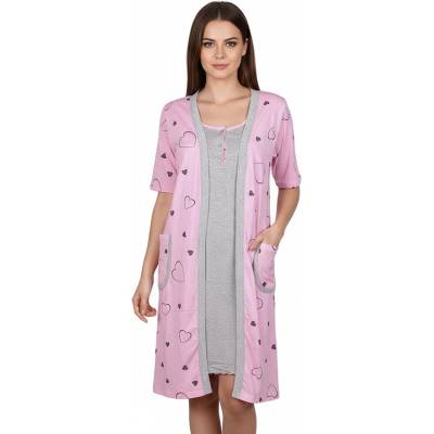 Комплект от нощница и халат в розово и сиво със сърца