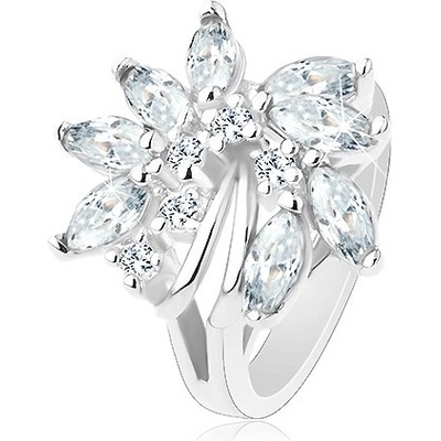 Šperky eshop Blýskavý prsten stříbrný odstín nesouměrný květ ze zirkonů lesklé obloučky R38.17 Modrá