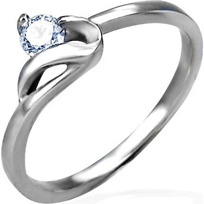 Šperky eshop zásnubní prsten stříbrné ocel 316L kulatý čirý zirkon a zvlněné rameno D6.12