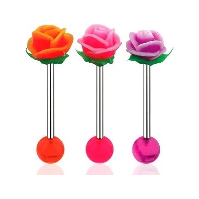 Šperky eshop piercing do jazyka činka z oceli akrylová kulička a UV růžička W33.11 oranžová žlutá
