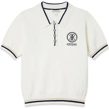 GUESS Трикотажна тениска за момиче в бяло с тъмно сини детайли, кристални копчета и нежно лого Guess