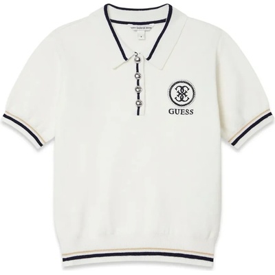 GUESS Трикотажна тениска за момиче в бяло с тъмно сини детайли, кристални копчета и нежно лого Guess