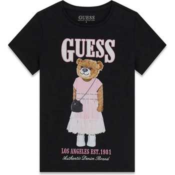 GUESS Черна тениска за момиче с голямо цветно мече отпред и сребрист надпис Guess