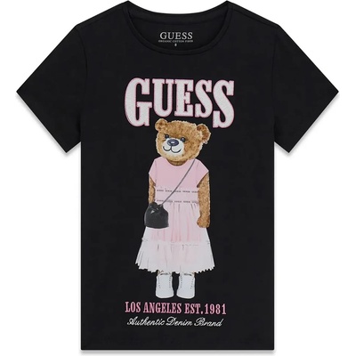 GUESS Черна тениска за момиче с голямо цветно мече отпред и сребрист надпис Guess
