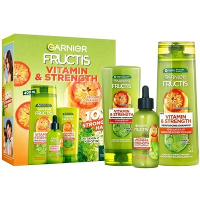 Fructis Vitamin & Strength подаръчен комплект: шампоан Fructis Vitamin & Strength Reinforcing Shampoo 400 ml + балсам Fructis Vitamin & Strength Reinforcing Conditioner 200 ml + серум за коса Fructis Vitamin & Strength Anti-Fall Treatment 125 ml з