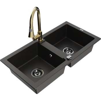 Mexen Mario гранитна кухненска мивка с 2 отделения и кухненски смесител Elia, черен/златен металик - 6504-75-670101-50-B (6504-75-670101-50-B)